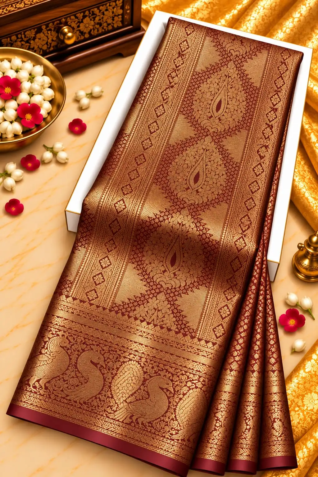 Maroon Gold Zari Semi Kanchipuram Silk Saree